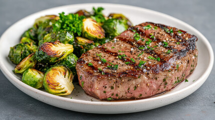 Juicy steak served with roasted Brussels sprouts, creating delicious and healthy meal