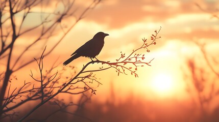 A crow perched on a bare tree branch with a sunset sky