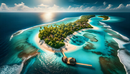 "A breathtaking aerial view of a tropical island with crystal-clear turquoise waters, white sandy beaches, and a wooden boardwalk stretching into the ocean