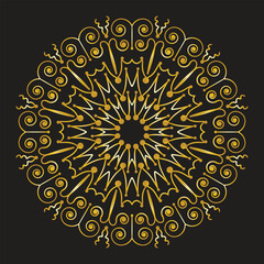 Golden mandala on a black background with intricate, symmetrical patterns of swirls, circles, and stars. Delicate, thin lines create a layered, elegant design. High-resolution with sharp details