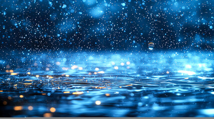 Enthralling Rain: Night Water Drops, Blue Reflections