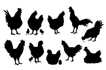 Chicken silhouettes. Roosters, hens, eggs and chicks. Black and white Vector Illustration