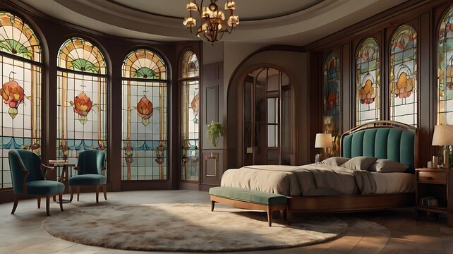 Art Nouveau-inspired elegant master bedroom with curved furniture, floral motifs, and stained glass windows, 3D rendering