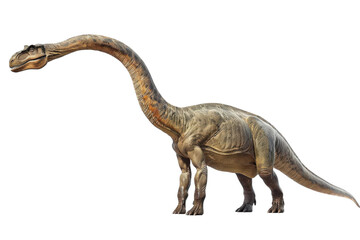 A realistic digital illustration of a long-necked dinosaur in its prehistoric habitat.