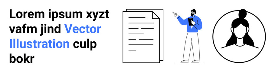 Document with pages, man presenting wearing blue, round profile avatar. Ideal for teamwork, education, business, user interface, personal branding, online consulting simple landing page