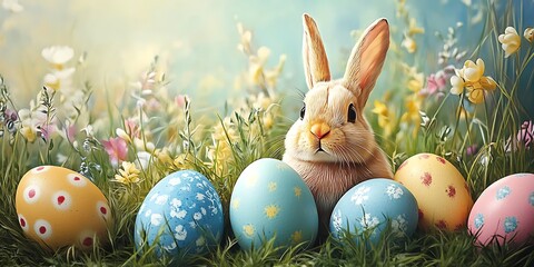 A cute, colorful bunny with chocolate eggs in a spring grass basket celebrates the Easter holiday