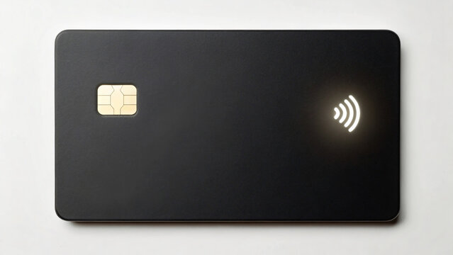 Black Contactless Payment Card with Chip and Signal Icon on Gray Background