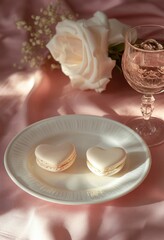 Fototapeta premium Two Heart Shaped Macarons Romantic Setting Rose
