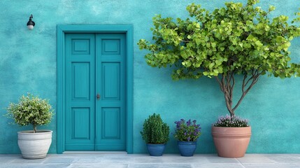 Teal House Entrance with Plants