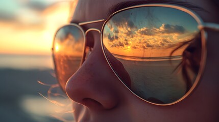 A reflection of a sunset in sunglasses worn by a person