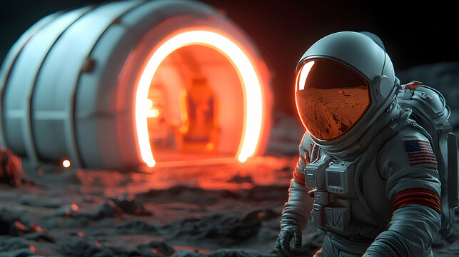 Space Explorer in Survival Suit on Lunar Surface near Glowing Habitat
