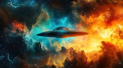 A colorful image of a flying UFO, representing alien invasion, extraterrestrial life, and the mysteries of space exploration, hovering against a starlit sky. - 