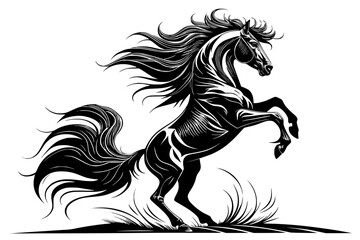 Black and White Rearing Horse Silhouette – Powerful Stallion with Flowing Mane in a Dynamic Pose

