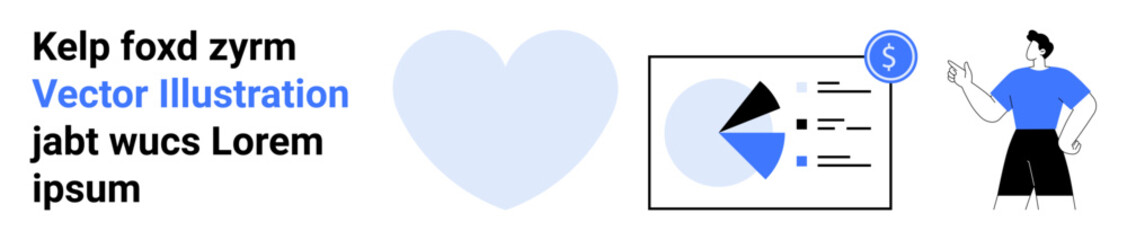 Man with hands on hips beside financial pie chart, dollar symbol, heart graphic, and placeholder text. Ideal for finance, data analysis, presentations, business, infographics marketing simple