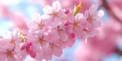Naklejka premium Charming spring twig with cherry blossoms in full bloom, close-up view