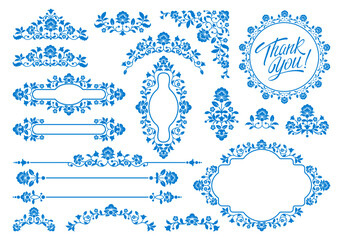 Collection of luxury frames, borders, dividers and corners with floral motifs and ornate swirls. Good for greeting cards, wedding invitations, restaurant menu, certificates design. Vector illustration © Pagina