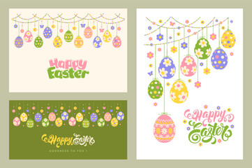 Easter greeting card, banner, poster template set. Decorated with garland of hanging colored Easter eggs with patterns. Calligraphy hand drawn lettering Happy Easter. Vector illustration