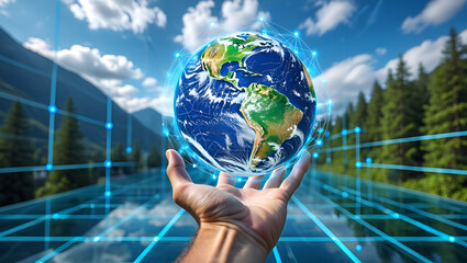 A human hand holding a floating, semi-transparent image of Earth, with digital nodes and glowing lines forming a web of connections around the planet. The background seamlessly blends natural elements