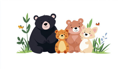 Obraz premium Cheerful cartoon animal characters featuring four adorable bears in playful setting surrounded by greenery and flowers