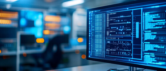 A digital screen displays complex code and data in a high-tech environment, emphasizing advanced technology and programming.