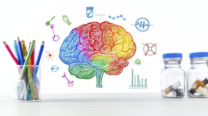 Colorful doodle brain with science symbols, pencils, and jars, representing creativity and knowledge