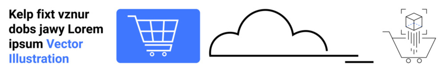 Shopping cart, cloud, and 3D cube imagery highlighting online shopping, cloud technology, and e-commerce. Ideal for retail, logistics, technology, marketing cloud storage sales and a simple