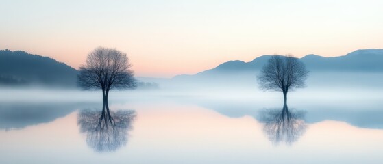 Fototapeta premium Bare trees in lake fog landscape