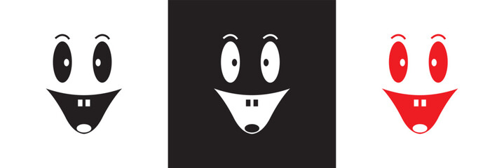 Funny retro cartoon character face drawing icon. Animation art style bundle. Mascot gesture sticker.  Vector illustration. isolated on white and black background. EPS 10
