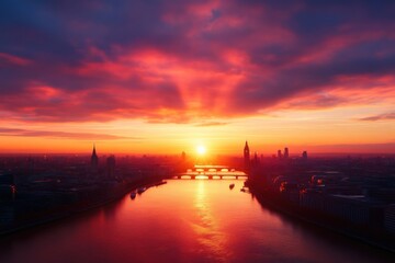 Dramatic sunrise over city skyline