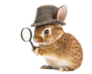 bunny wearing tiny detective hat holds magnifying glass, showcasing playful and curious expression. This whimsical scene captures charm of detective themed animal