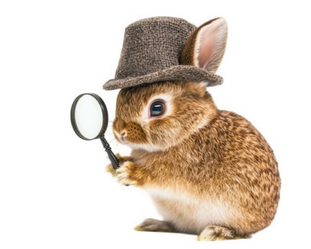 bunny wearing tiny detective hat holds magnifying glass, showcasing playful and curious expression. This whimsical scene captures charm of detective themed animal