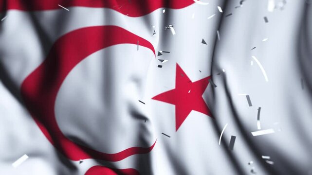 Northern Cyprus flag waving with confetti | Turkish Republic of Northern Cyprus National Day celebration | Patriotic background
 - Powered by Adobe