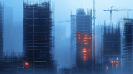 Construction site at dusk with illuminated buildings and cranes, creating dramatic urban landscape