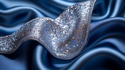 A silky, abstract composition in shades of cobalt blue and silver, with a luxurious, reflective surface,