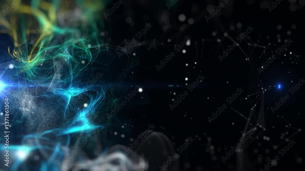 Poster organic glow wave element flowing in dark spark with blue lens flare 4k motion background