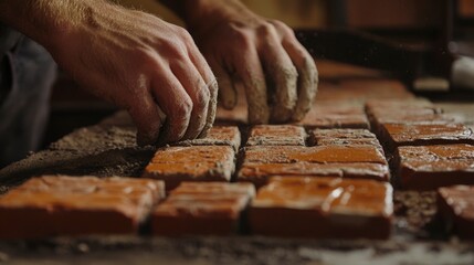 Hands Carefully Placing Bricks In Mortar