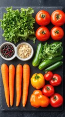 Fresh vegetables arranged on a slate board