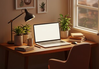 Fototapeta premium Laptop on Desk with Plants and Lamp Creating Workspace Interior