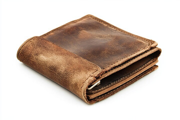 Classic brown leather wallet, isolated on white background.