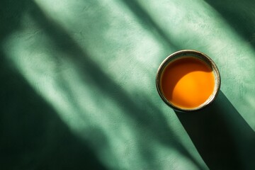 Orange drink in teal bowl, sunny shadows on green surface