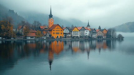 Fototapeta premium Lake with Town in Background under Grey Sky and Cloudy Weather, Reflections on Water 