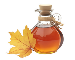 Maple syrup in glass bottle with wooden cap and maple leaf. rich amber color evokes warmth and sweetness, perfect for culinary delights