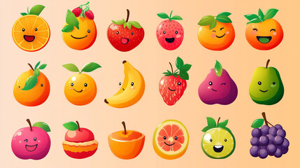 Fototapeta premium A collection of cartoon fruits with happy faces including oranges strawberries and bananas on a light background