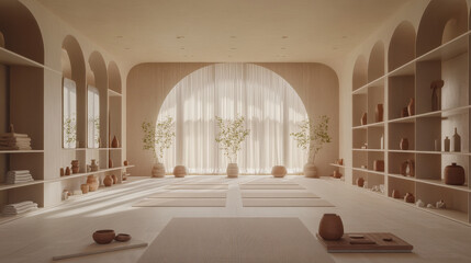 Calm interior of a design-focused yoga space, floor-to-ceiling mirror arcs, artisan pottery decor elements aligned perfectly on minimalist shelving