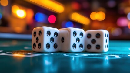 Three dice on a green casino table.  Blurred casino background