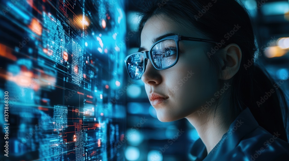 Poster female software developer coding in an augmented reality world, with responsive cybersecurity threat