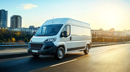 White Delivery Van Driving on City Highway at Sunset