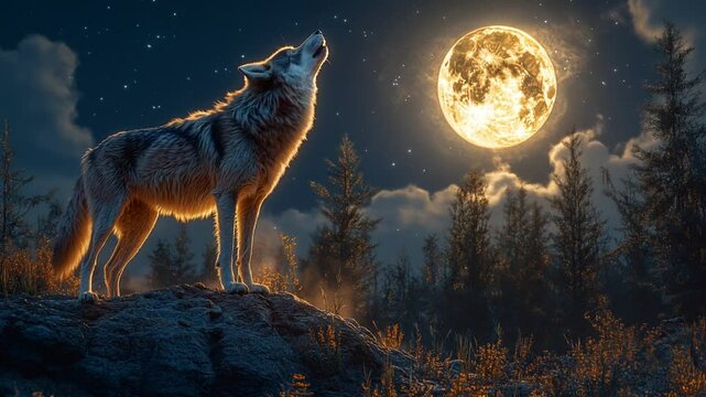Single wolf howling at the moon, standing proudly on a rocky cliff. Suitable for marketing or business purposes