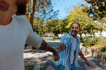 Happy gay couple holding hands and walking in a park