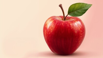 Fresh red apple with a leaf on a soft pastel background
